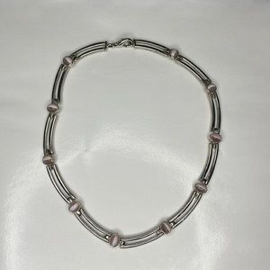 Vintage Silver Tone Choker Necklace Pink Cat's Eye Bead & Curved Bar Link Collar
